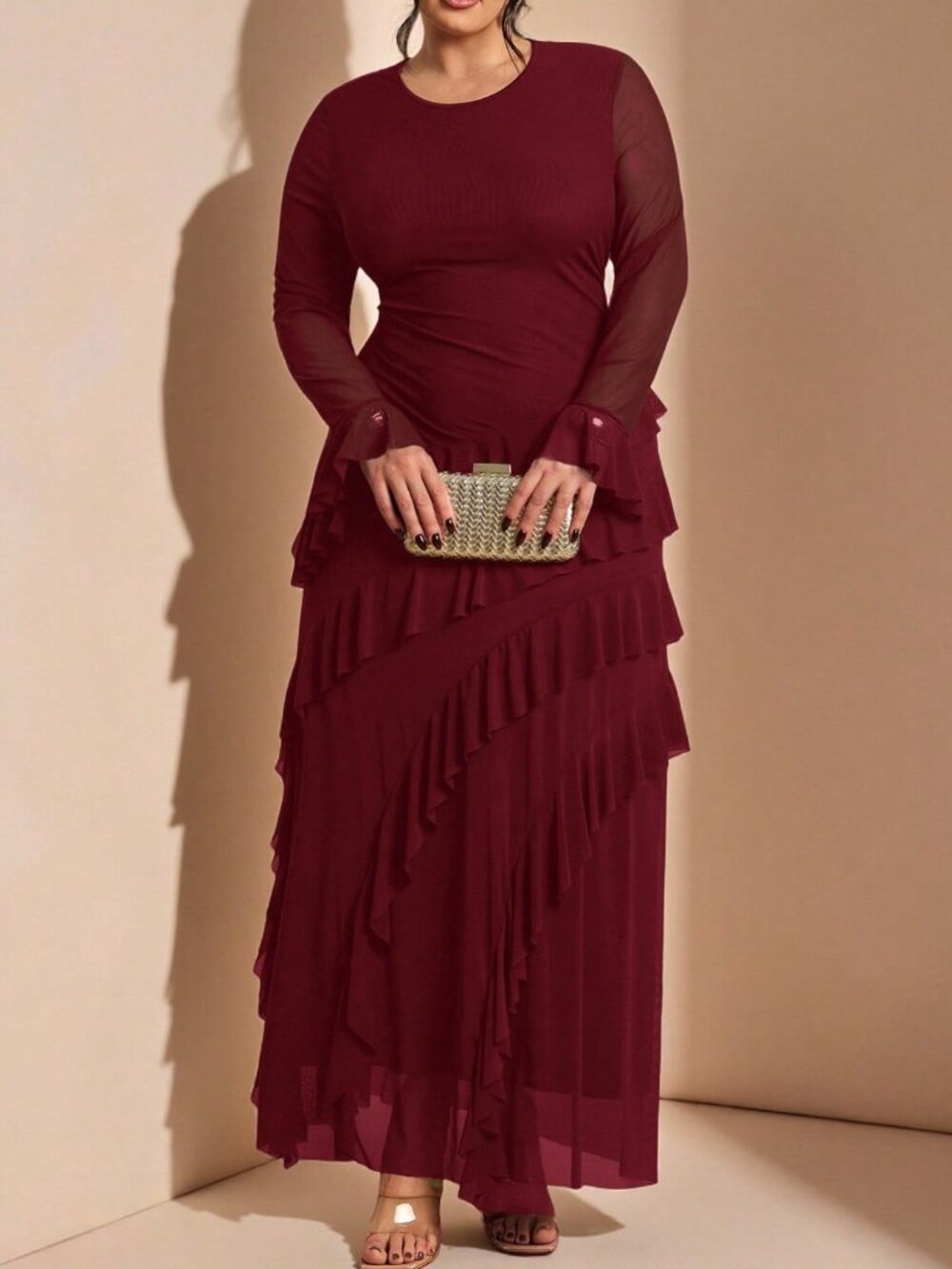 Burgundy Elegant Women's Plus Size Knot Ruffle Tiered Long Dress - Picture 6 of 6